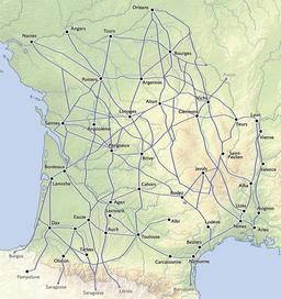 Carte des voies romaines en Aquitaine. Source : http://data.abuledu.org/URI/557d43f2-carte-des-voies-romaines-en-aquitaine