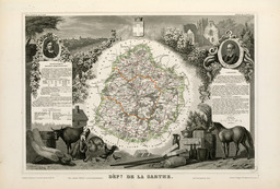 Carte illustrée du département de la Sarthe en 1852. Source : http://data.abuledu.org/URI/53206e1b-carte-illustree-du-departement-de-la-sarthe-en-1852