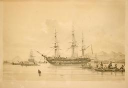 Corvettes et pirogues dans la baie Anna-Maria en 1838. Source : http://data.abuledu.org/URI/59807355-corvettes-et-pirogues-dans-la-baie-anna-maria-en-1838