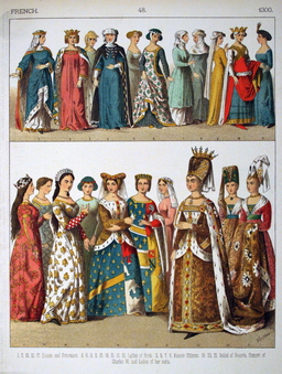 Costumes médiévaux féminins français au quatorzième siècle. Source : http://data.abuledu.org/URI/53075ea0-costumes-medievaux-feminins-francais-au-quatorzieme-siecle
