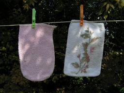 Deux gants de toilette suspendus. Source : http://data.abuledu.org/URI/534c2849-deux-gants-de-toilette-suspendus