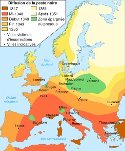 Diffusion de la peste noire entre 1347 et 1351. Source : http://data.abuledu.org/URI/50708fd8-diffusion-de-la-peste-noire-entre-1347-et-1351