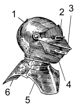 Heaume médiéval avec masque facial mobile. Source : http://data.abuledu.org/URI/5102a6e7-heaume-medieval-avec-masque-facial-mobile