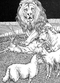 La Génisse, la Chèvre, et la Brebis, en société avec le Lion. Source : http://data.abuledu.org/URI/519bd2c7-la-genisse-la-chevre-et-la-brebis-en-societe-avec-le-lion