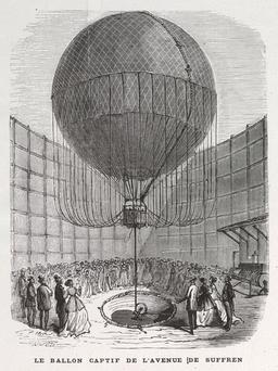 Le ballon captif de l'avenue de Suffren en 1868. Source : http://data.abuledu.org/URI/5870307d-le-ballon-captif-de-l-avenue-de-suffren-en-1868