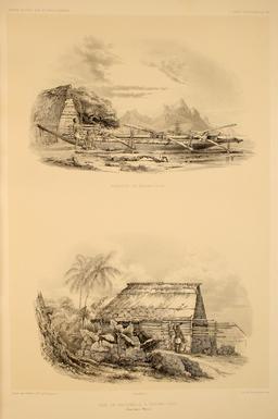 Pirogue et cases à Nouka-Hiva en 1838. Source : http://data.abuledu.org/URI/598073a5-pirogue-et-cases-a-nouka-hiva-en-1838