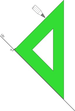 Tracer une perpendiculaire à une droite en un point avec une équerre. Source : http://data.abuledu.org/URI/52ac6d78-tracer-une-perpendiculaire-a-une-droite-en-un-point-avec-une-equerre