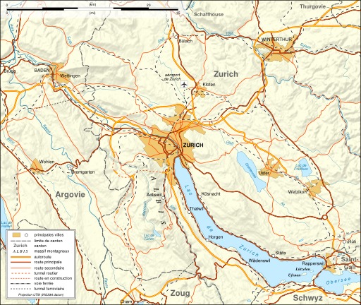 Carte des moyens de transports autour de Zurich