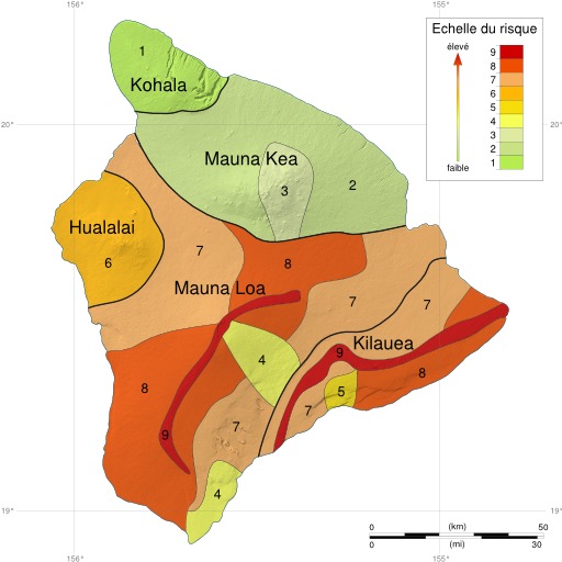 Carte des zones à risque dans l'île de Hawaï