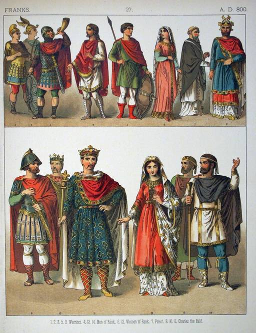 Costumes de soldats, d'aristocrates, d'un prêtre et de Charles le Chauve.