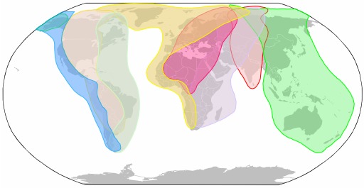 Carte du monde représentant les principales voies migratoires empruntées par les oiseaux d'après Thompson D. et Byrkjedal, "Shorebirds" (Colin Baxter, 2001). De gauche à droite : couloirs pacifiques, Mississipi, Ouest Atlantique, Est Atlantique, Méditerranée et Mer Noire, Ouest Asie et Afrique, Asie Centrale et Inde, Est Asie et Australie.
