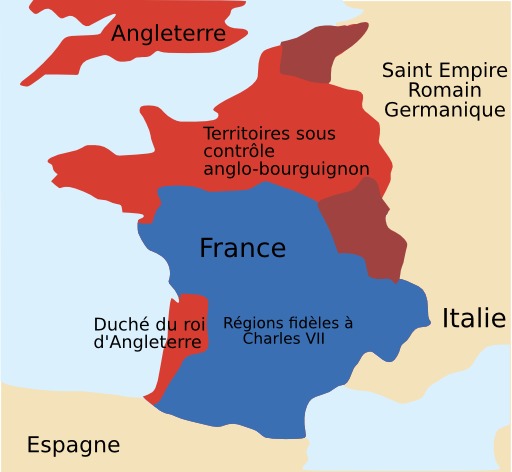 Duché du roi d'Angleterre, régions fidèles à Charles VII et territoires sous contrôle anglo-bourguignon : deux systèmes économiques, sociaux et religieux se font face.