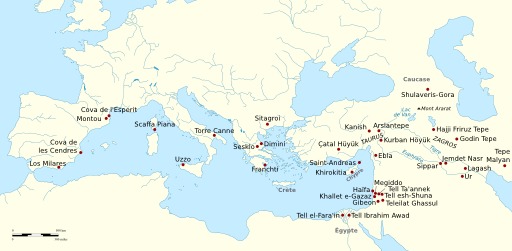 Carte des sites archéologiques préhistoriques où des vestiges de viticulture et d'oliculture ont été mis au jour.