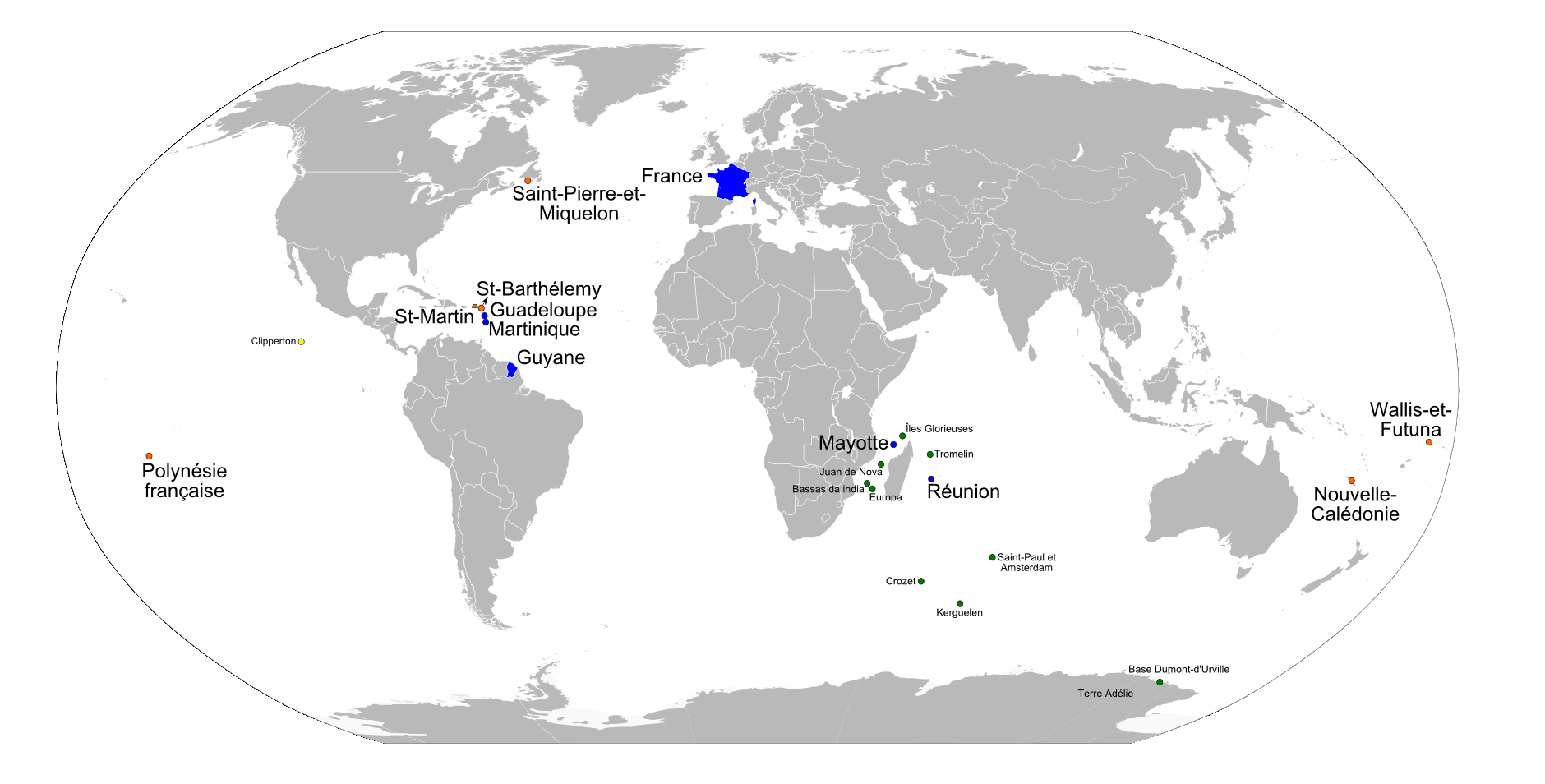 Carte des territoires et départements d'outre-mer en 2007
