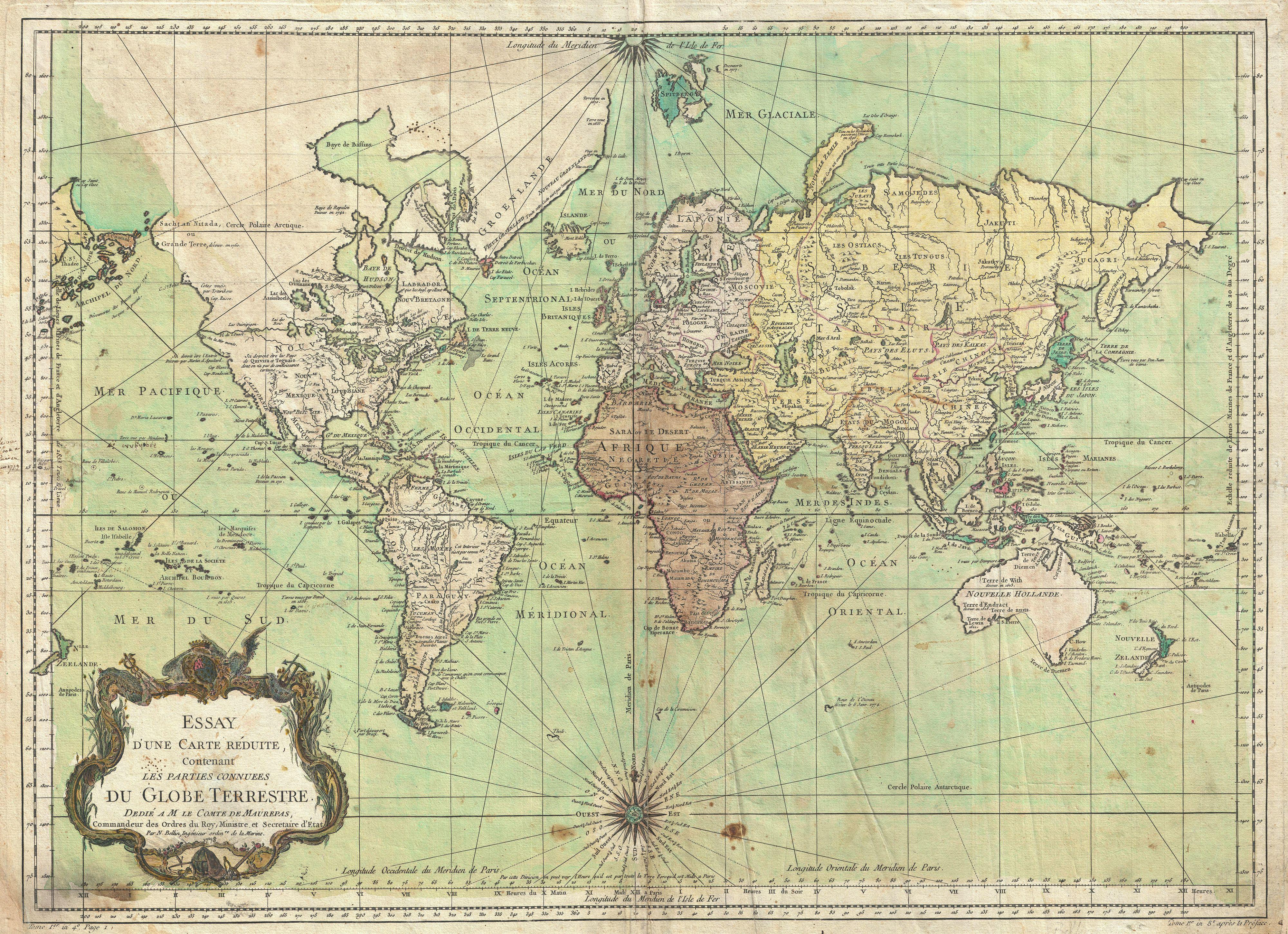 Carte marine du monde de Nicolas Bellin en 1778 : projection Mercator basée sur le médidien de L’Isle de Fer (Paris