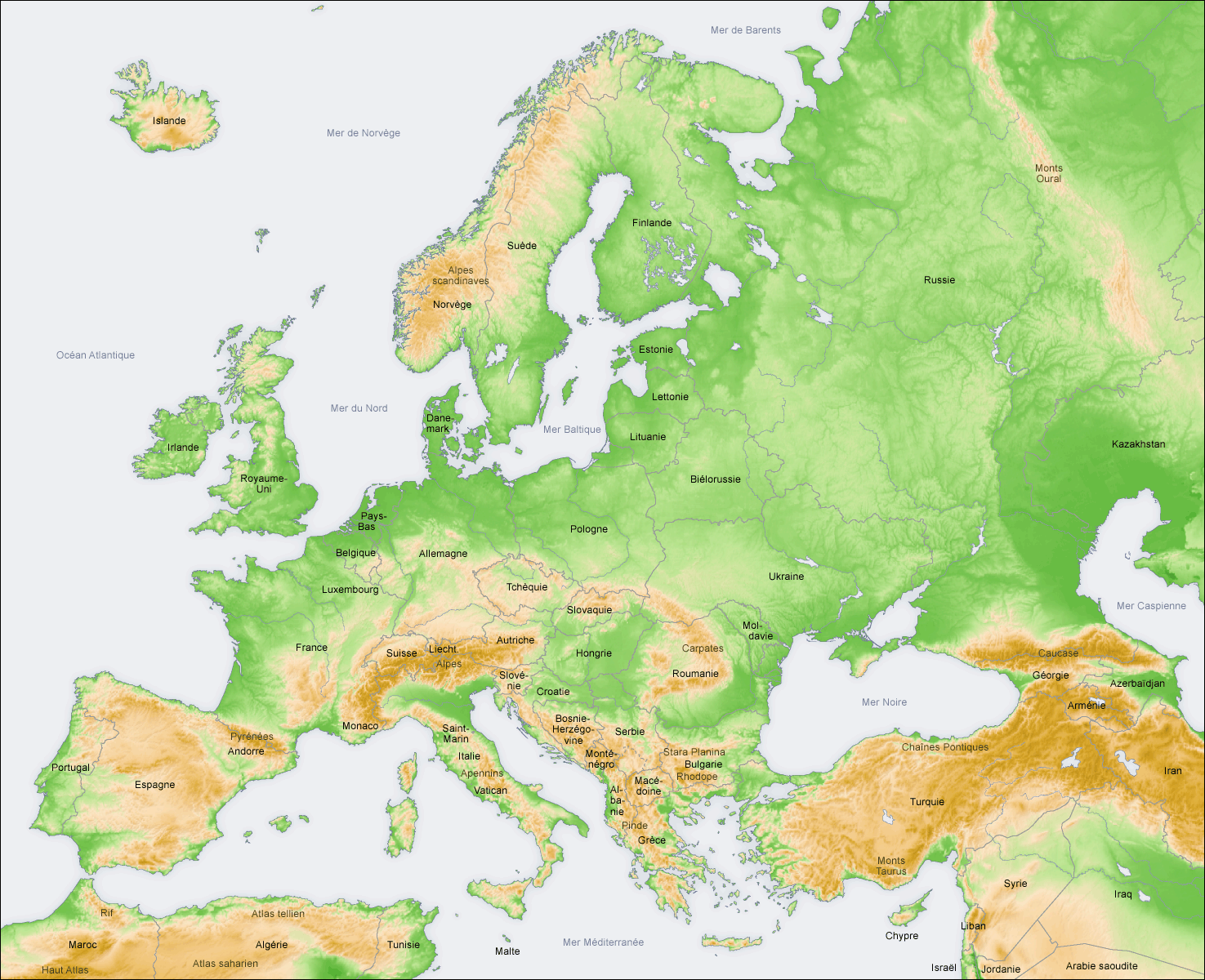 Carte topographique légendée de l'Europe.