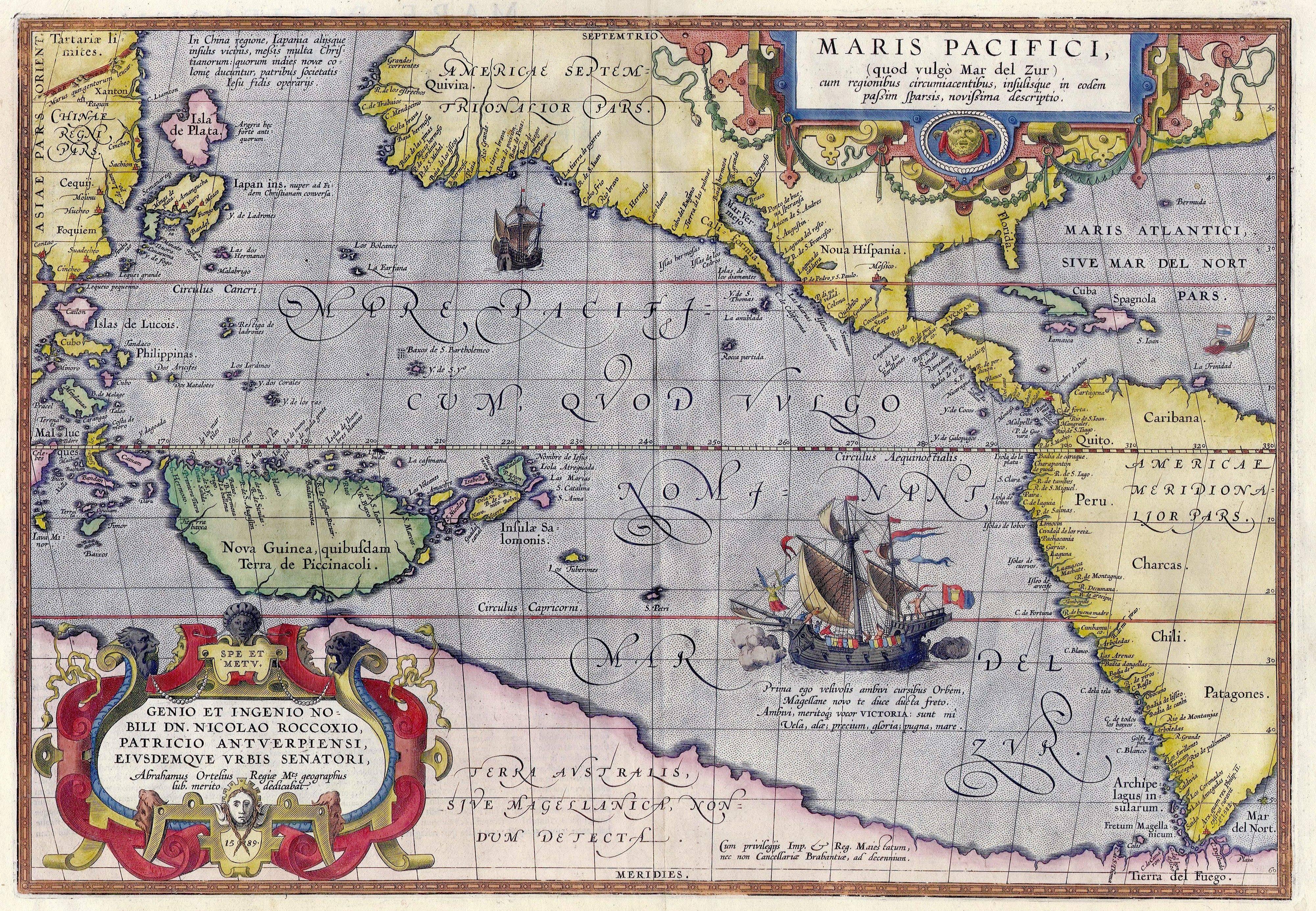 Carte de la "Maris Pacifici" d'Abraham Ortelius publiée en 1589 dans son "Theatrum Orbis Terrarum". Première représentation imprimée d'une carte du Pacifique et de l'Amérique.